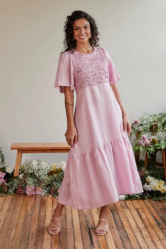 Ruffled Women Dress with Multiple Layers for a Playful and Girly StyleMinden Linen Shirred Dress in Peony