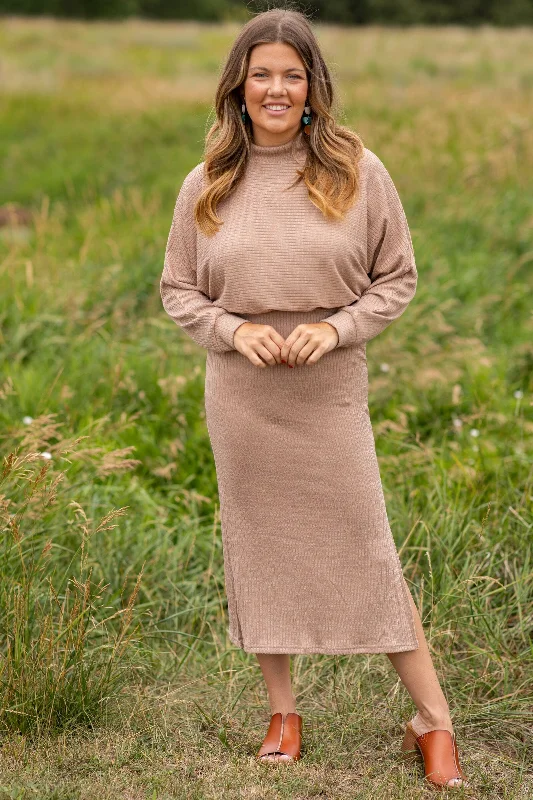 Long - Sleeve Women Dress in Velvet for a Luxurious Winter LookMocha Ribbed Mock Neck Sweater Dress