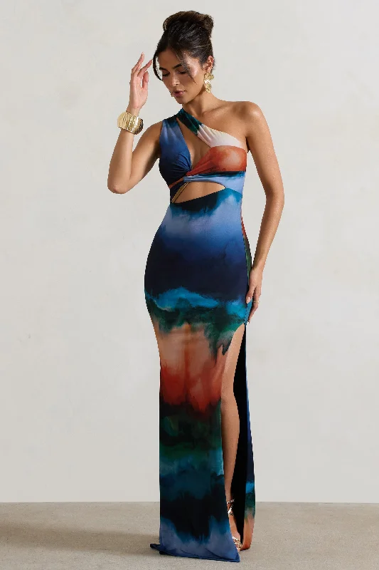 Printed Abstract Women Dress for a Modern and Artistic AppealMykonos | Multi Blur Print Asymmetric Cut-Out Split Maxi Dress