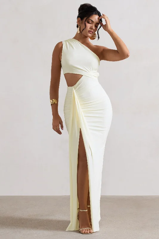 Empire Waist Women Dress to Accentuate the Bust and Conceal the WaistRhodes | Ecru One-Shoulder Cut-Out Split Maxi Dress With Drape