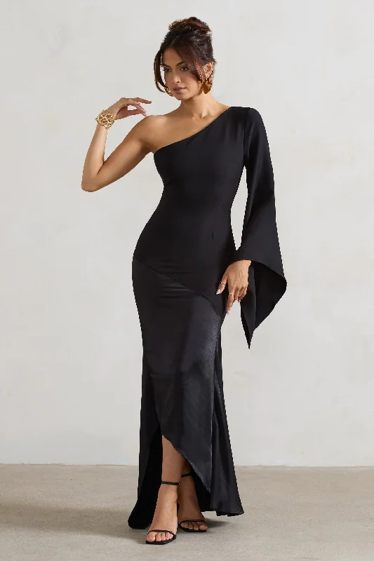 Shift Women Dress with a Simple and Classic Design for Everyday WearSalem | Black Asymmetric Cape-Sleeve Maxi Dress With Satin Skirt