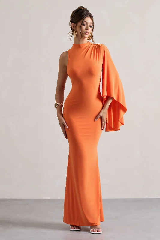 Mermaid - Style Women Dress with a Fitted Silhouette for Special OccasionsSamaya | Orange High-Neck Cape-Sleeve Maxi Dress