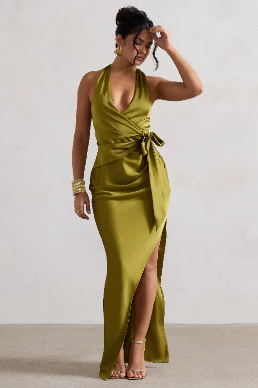 Off - the - Shoulder Women Dress for a Romantic and Feminine LookSantorini | Olive Satin Plunge-Neck Wrap Maxi Dress