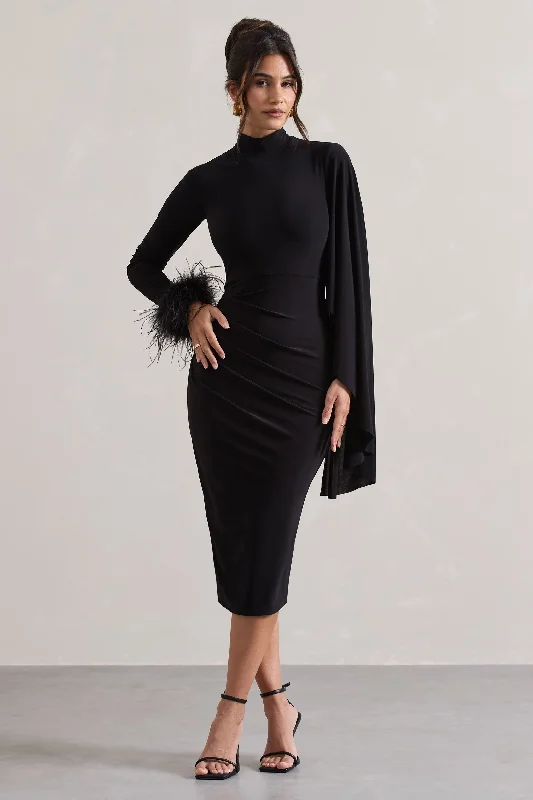 Long - Sleeve Women Dress in Velvet for a Luxurious Winter LookTamika | Black High-Neck Cape-Sleeve Midi Dress With Feathers