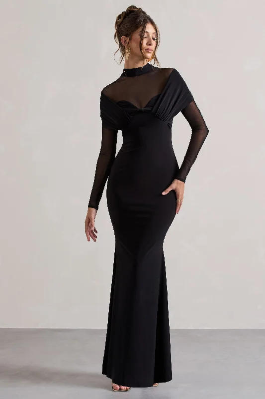 Pleated Women Dress with a Timeless and Elegant TextureTasha | Black Mesh High-Neck Long-Sleeve Maxi Dress