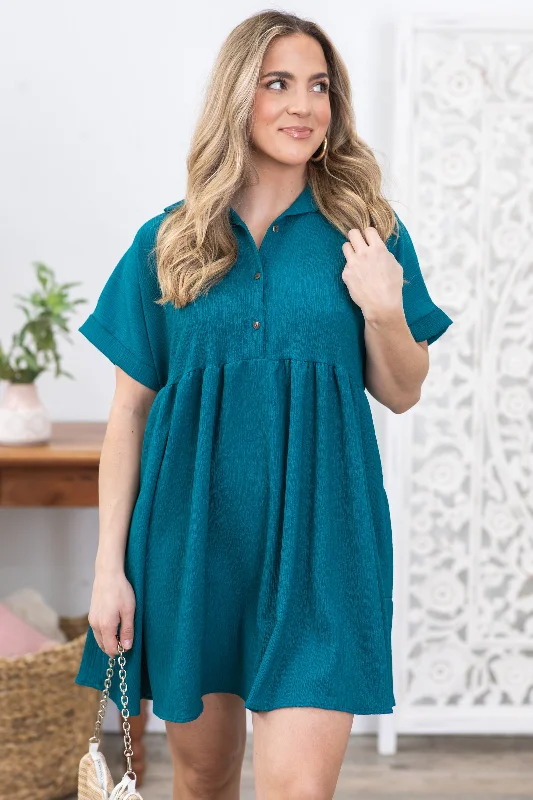 Empire Waist Women Dress to Accentuate the Bust and Conceal the WaistTeal Woven Short Sleeve Collar Button Dress