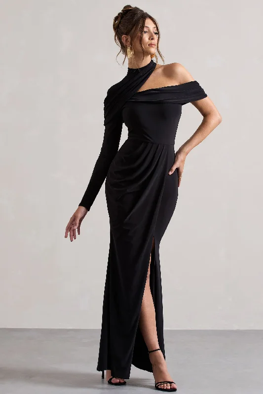 Strapless Women Dress with a Built - in Bra for Comfort and SupportTyla | Black Asymmetric High-Neck Split Maxi Dress