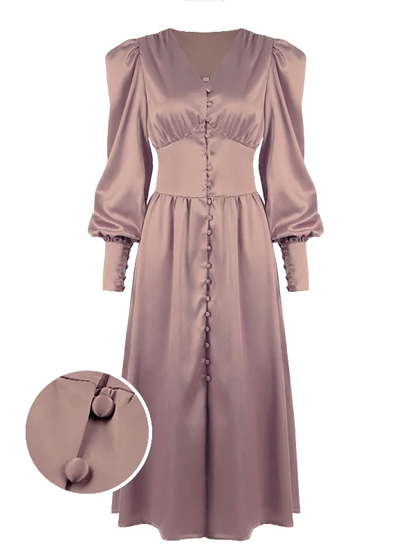 Strapless Women Dress with a Built - in Bra for Comfort and Support1940s Solid Silk Buttoned Tea Dress