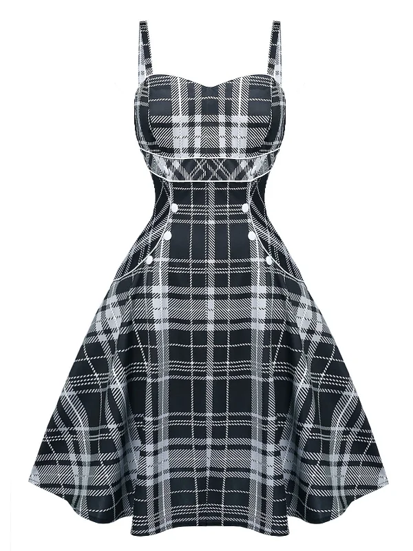 Mini Women Dress with a Short Hem for a Young and Trendy Style1950s Plaid Button Strap Swing Dress