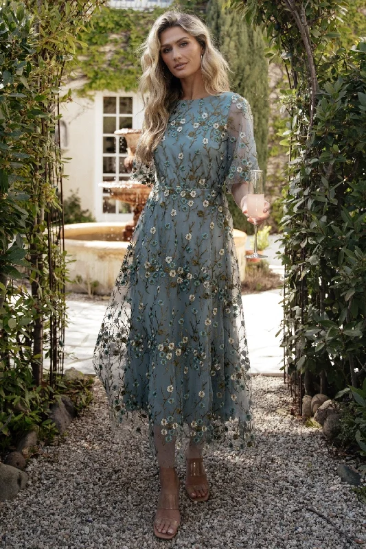 Mini Women Dress with a Short Hem for a Young and Trendy StyleArabella Embroidered Tulle Maxi Dress | Dusty Blue Floral