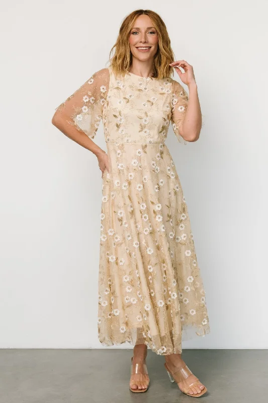 Empire Waist Women Dress to Accentuate the Bust and Conceal the WaistArabella Embroidered Tulle Maxi Dress | Gold + White