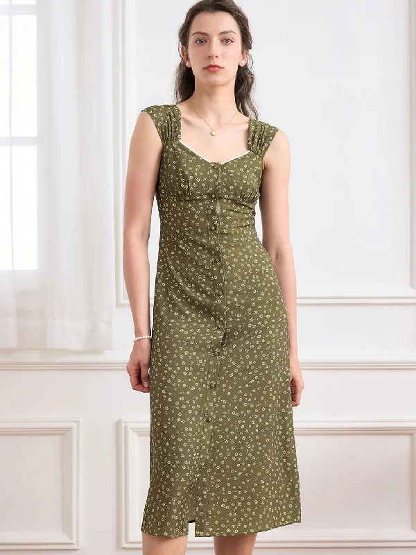 Pleated Women Dress with a Timeless and Elegant TextureAyleen Vintage Daisy Print Sweetheart Neck Dress