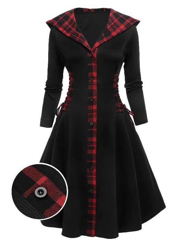 Lace - Embellished Women Dress for an Elegant and Sophisticated AppearanceBlack 1950s Plaid Hooded Swing Dress