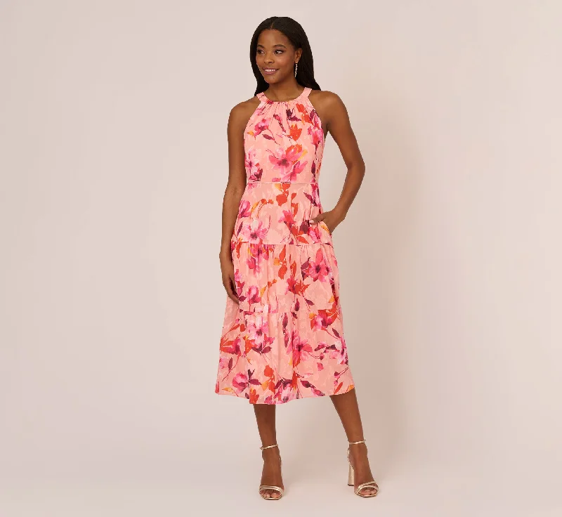 Pleated Women Dress with a Timeless and Elegant TextureFloral Chiffon Halter Dress With Tiered Skirt In Apricot Multi