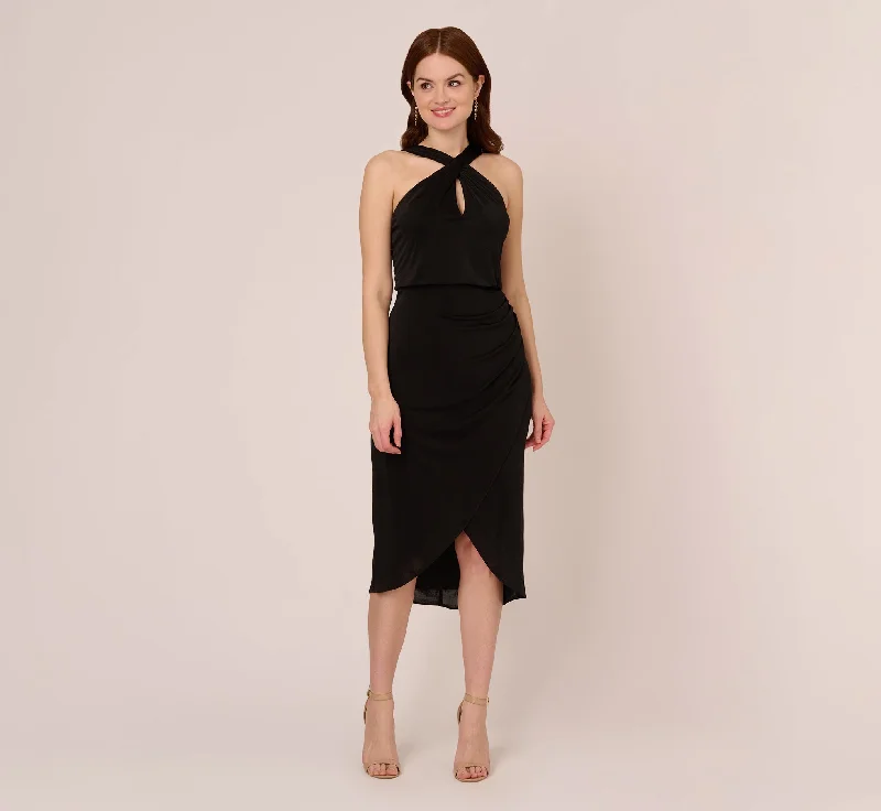 Sleeveless Women Dress in Bright Colors for Summer PartiesHalter Cocktail Dress With Faux Wrap Skirt In Black