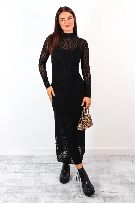 Off - the - Shoulder Women Dress for a Romantic and Feminine LookIts Sheer Luck - Black Leopard Print Mesh Midi Dress