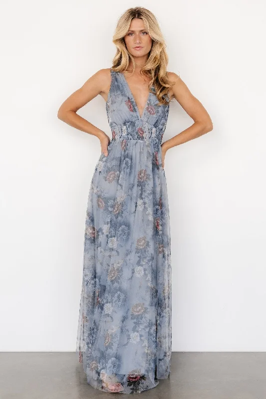 Maxi Women Dress with Floral Print for a Bohemian VibeKamila Tulle Maxi Dress | Dusty Blue Floral