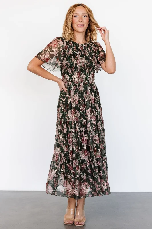 Wrap - Style Women Dress with Adjustable Fit for All Body TypesMara Embroidered Tulle Dress | Dark Green + Blush Floral