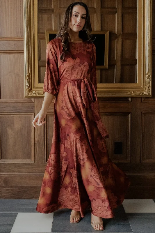 Pleated Women Dress with a Timeless and Elegant TexturePaula Satin Maxi Dress | Terracotta Floral