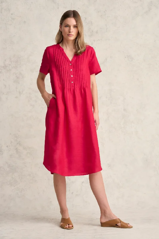 Mini Women Dress with a Short Hem for a Young and Trendy StylePleated Front French Linen Dress - Rouge