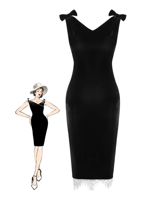 Sheath Women Dress with a Tailored Fit for a Professional LookBlack 1960s Solid Velvet Bow Dress