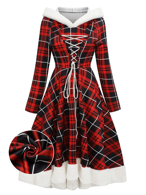 Wrap - Style Women Dress with Adjustable Fit for All Body TypesRed 1950s Plaid Lace-up Hooded Dress