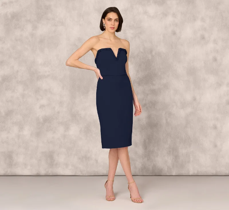 Sheath Women Dress with a Tailored Fit for a Professional LookStrapless Bonded Crepe Midi Dress With Beaded Notch Neckline In Twilight