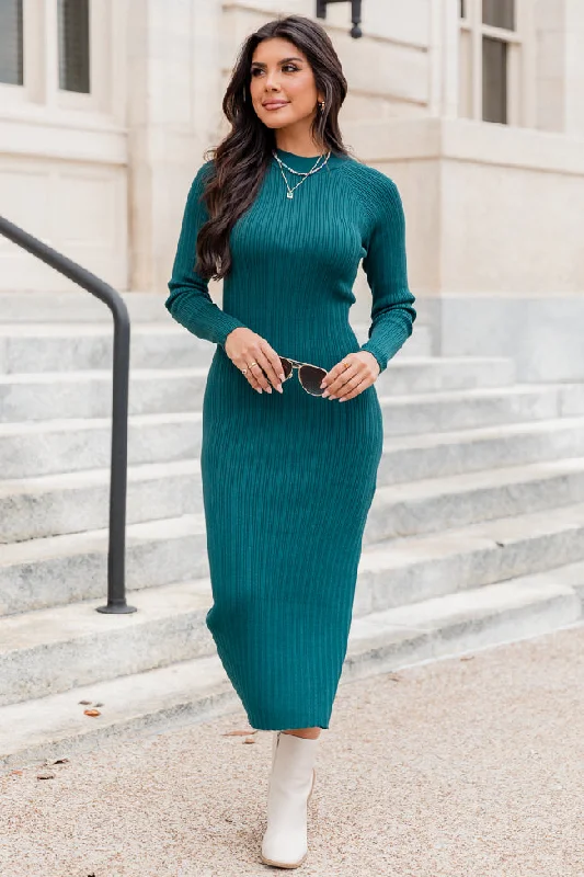 Plus Size Women Dress with a Flattering A - Line Cut for Comfort and StyleTimeless Beauty Teal Long Sleeve Midi Dress FINAL SALE