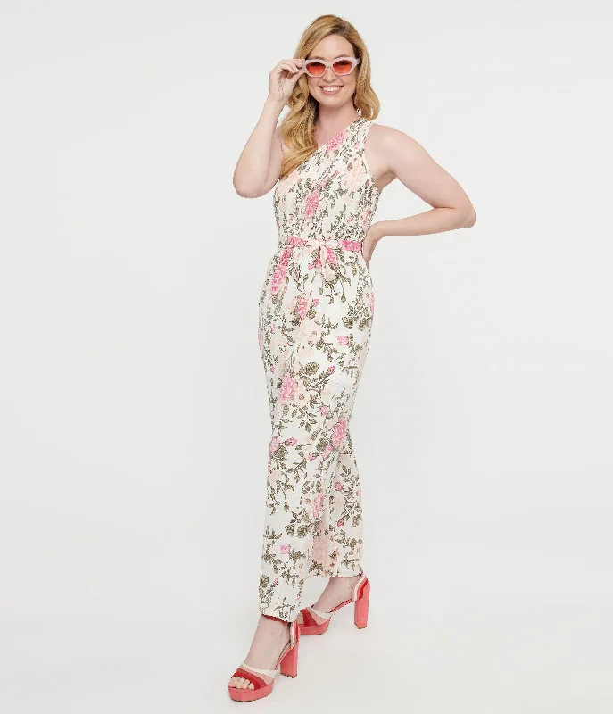 Ruffled Women Dress with Multiple Layers for a Playful and Girly StyleWhite & Pink Floral Asymmetrical Chiffon Jumpsuit