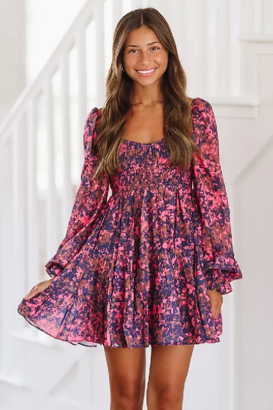 Printed Abstract Women Dress for a Modern and Artistic AppealAll Right With Me Mini Dress - Navy, Brown and Fuchsia