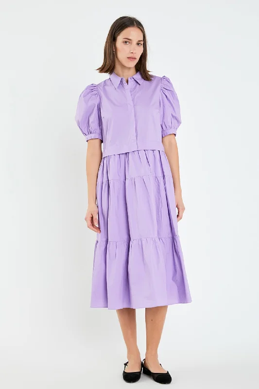 Ruffled Women Dress with Multiple Layers for a Playful and Girly StyleButton Closure Puff Sleeve Midi Dress