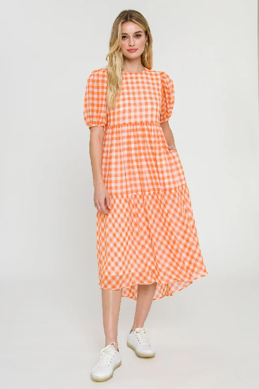 Off - the - Shoulder Women Dress for a Romantic and Feminine LookGingham Print Midi Dress