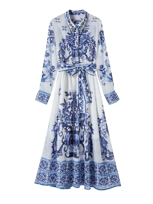 Maxi Women Dress with Floral Print for a Bohemian VibeKim Long Sleeve Print Midi Dress - Blue Print