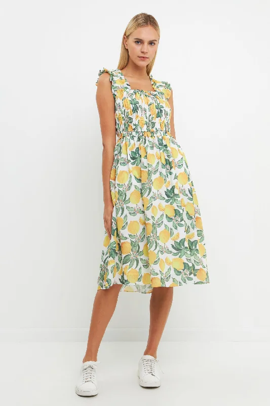 Mini Women Dress with a Short Hem for a Young and Trendy StyleLemon Print Smocked Bodice Midi Dress