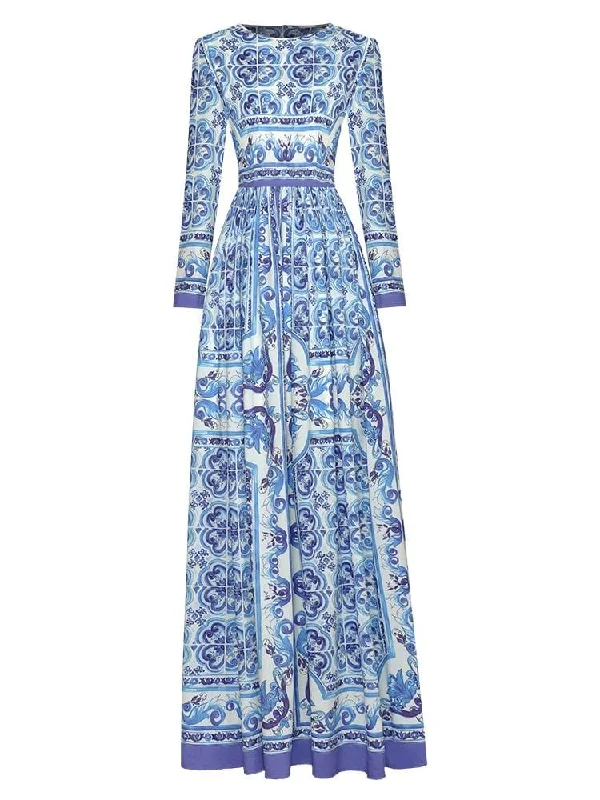 Off - the - Shoulder Women Dress for a Romantic and Feminine LookLucy Long Sleeve Print Midi Dress - Blue Print