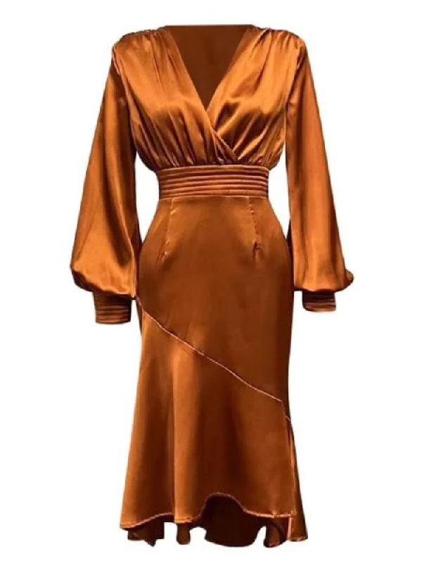 Halter Neck Women Dress to Show Off the Shoulders and NecklineMira V Neck Long Sleeve Midi Dress - Tan