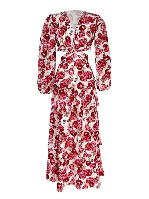 Empire Waist Women Dress to Accentuate the Bust and Conceal the WaistVictoria V Neck Long Sleeve Midi Dress - Red Floral