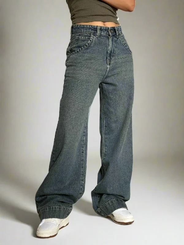 Bootcut women jeans to complement various shoe stylesGrey Vintage Washed Wide Leg Baggy Jeans