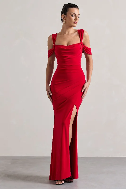 Long - Sleeve Women Dress in Velvet for a Luxurious Winter LookAmoura | Red Square-Neck Draped Wrap Maxi Dress