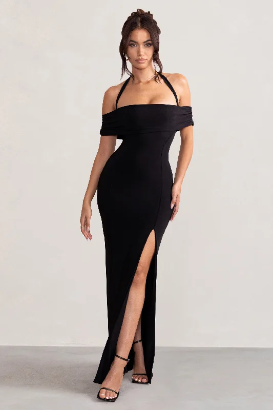 Little Black Women Dress with Sequins for a Glamorous Night OutAnisa | Black Halter Neck Bardot Maxi Dress With Thigh Split