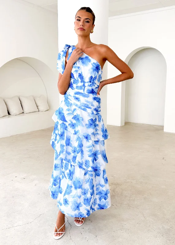 Empire Waist Women Dress to Accentuate the Bust and Conceal the WaistAnrielle One Shoulder Maxi Dress - Blue Flowers