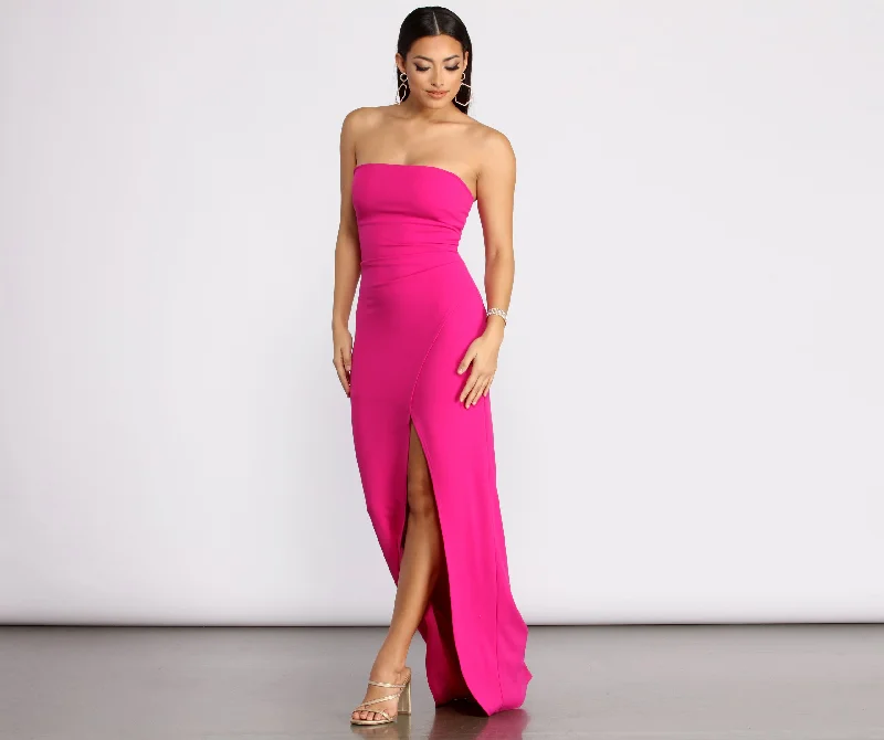 Plus Size Women Dress with a Flattering A - Line Cut for Comfort and StyleApril Front Slit Strapless Crepe Dress