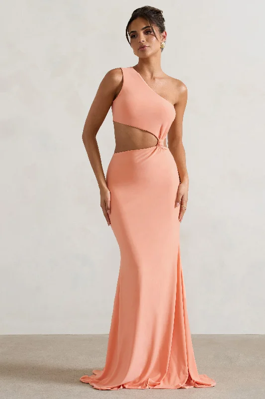 Ball Gown Women Dress with a Full Skirt for a Princess - like LookAspyn | Coral Asymmetric Twisted Cut-Out Fishtail Maxi Dress