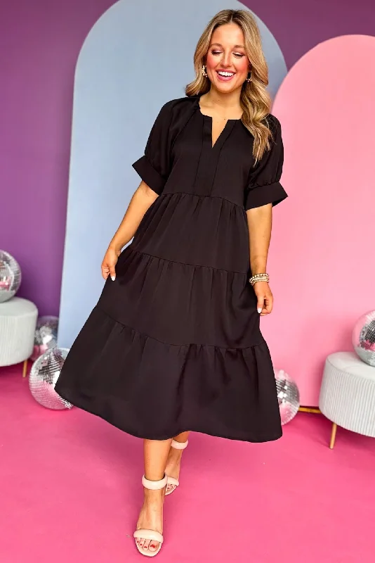 Plus Size Women Dress with a Flattering A - Line Cut for Comfort and StyleBlack V Neck Tucked Short Sleeve Tiered Maxi Dress