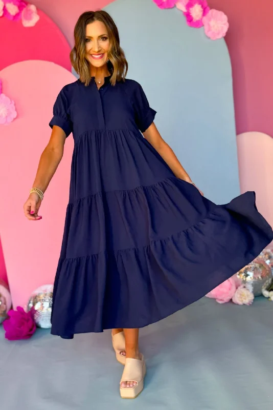 Ruffled Women Dress with Multiple Layers for a Playful and Girly StyleBlue Button Front Tiered Short Sleeve Maxi Dress