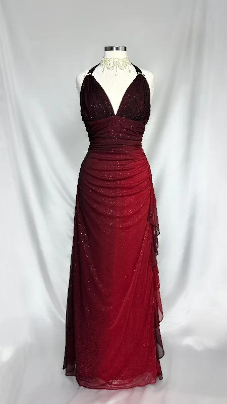 Mini Women Dress with a Short Hem for a Young and Trendy StyleBurnt Garnet Shimmery Ombré Halter Neck Gown