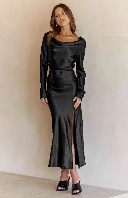 Empire Waist Women Dress to Accentuate the Bust and Conceal the WaistCowl Neck Long Sleeve Maxi Dress