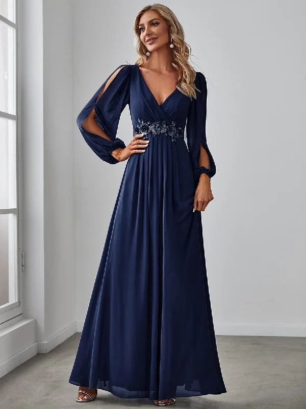 Pleated Women Dress with a Timeless and Elegant TextureIris | Elegant Chiffon V-Neckline Long Sleeve Formal Evening Dress