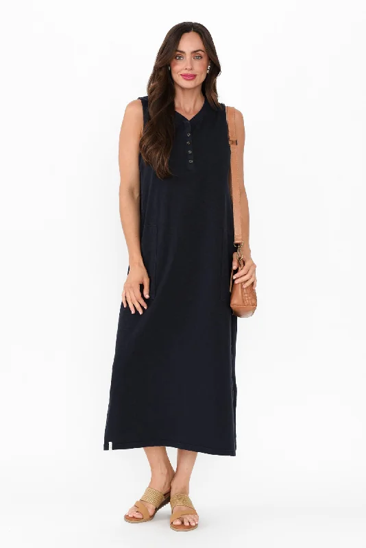 Mermaid - Style Women Dress with a Fitted Silhouette for Special OccasionsElysian Navy Cotton Pocket Dress