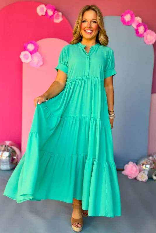 Ball Gown Women Dress with a Full Skirt for a Princess - like LookEmerald Button Front Tiered Short Sleeve Maxi Dress